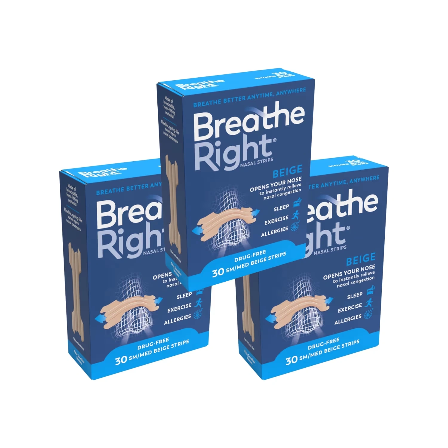 Breathe Right Nasal Strips Small/Medium 30 Pieces x 3 Packs