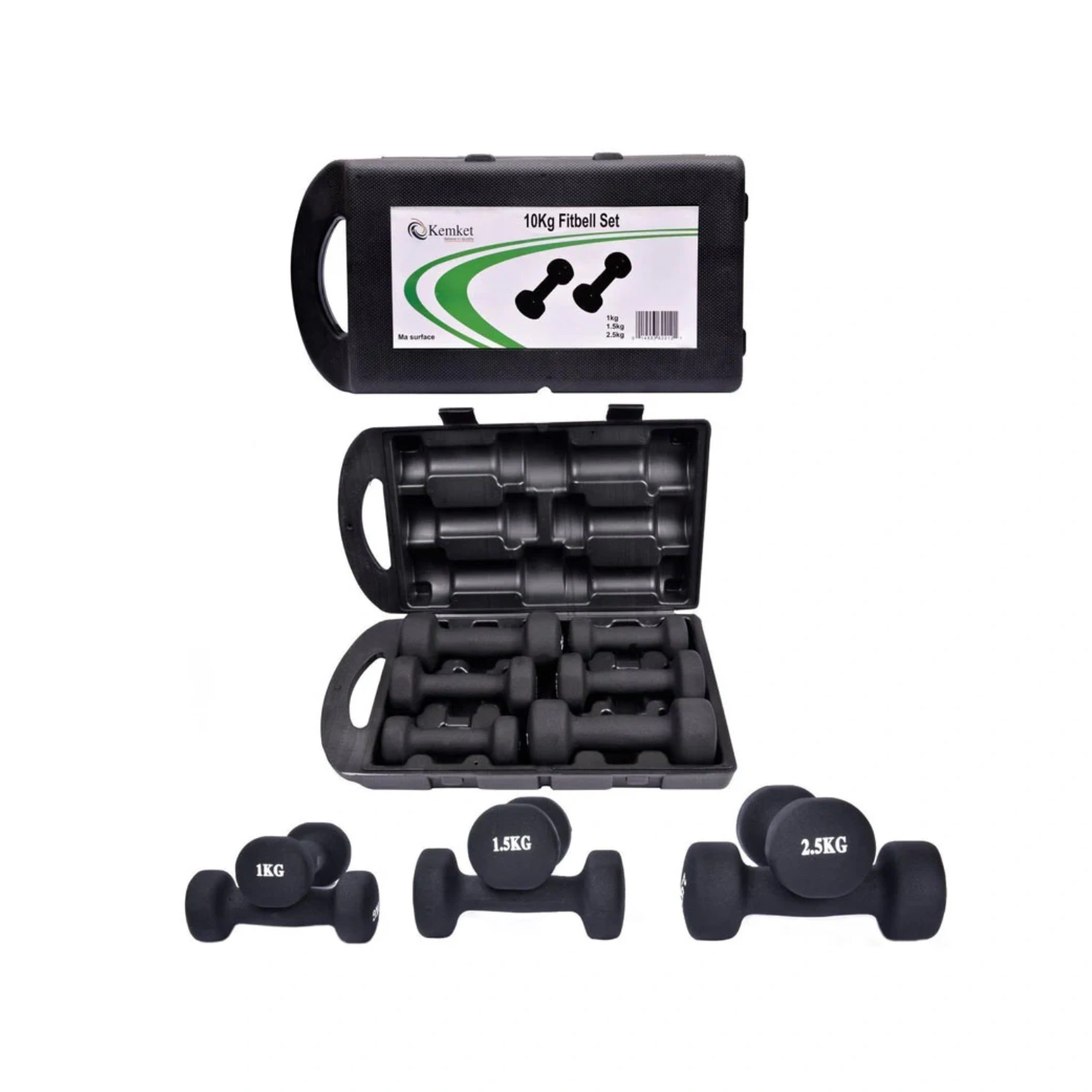Kemket 10kg Vinyl Dumbbell Set with Molded Carry Case – Black & Grey