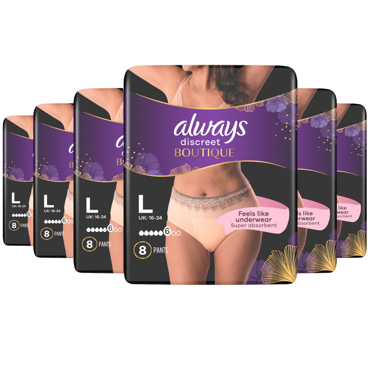 Always Dailies Discreet Boutique Plus Pants Large 8 Count – Pack of 6