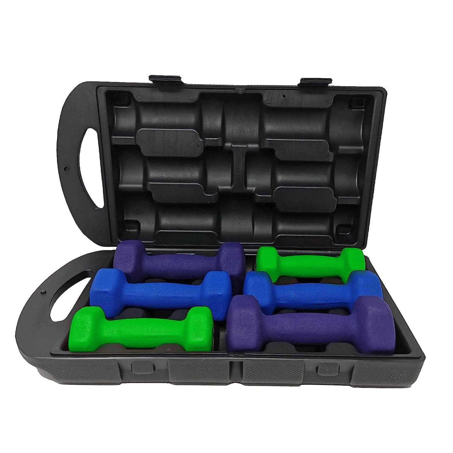 Kemket neoprene dumbbell set with carry case 10kg (green, purple, blue) (1)